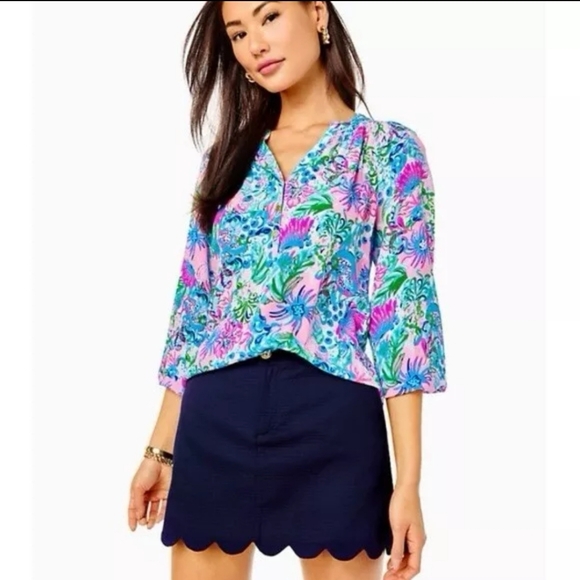Lilly Pulitzer Colette Scallop Hem Navy Blue Skort 0 With Extra Button NWOT - Picture 1 of 11